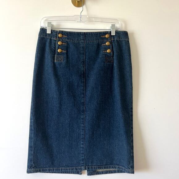 Vintage Ralph Lauren Jeans Co Dark Denim Gold Button Pencil Skirt Womens 8P - Picture 1 of 11